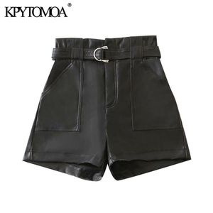 KPYTOMOA Women Chic Fashion With Belt Faux Leather Shorts Vintage High Waist Zipper Fly Pockets Female Short Pants Mujer 210714