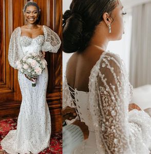 2022 Plus Size Arabisch Aso Ebi Luxuriöse Meerjungfrau Sparkly Brautkleid Lange Ärmel Pailletten Perlen Kristalle Brautkleider Kleid ZJ266