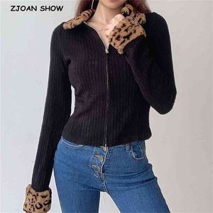 Vintage Faux Fur Leopard Lapel Rib Knitting Cardigan Women Long Sleeve Zipper Crop Sweater Short Slim Jumper Knitwear 210429