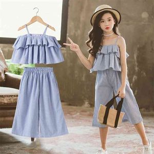 Korean Children Clothes Set Summer Backless Shirts and Wide Leg Pants for Teenage Blue Stripes Two Piece Birthday Outfits 12Year 210622