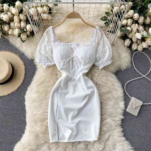 Cekiny Haft Koronki Łączny Krótki Rękaw Puff Sexy Party Dress White Black Lace-up V-Neck Summer Women Club Vestidos 210603