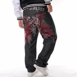 Masculino Preto Baggy Hip Hop Jeans perder bordados reta HipHop Rap grife Skate calças largas Leg Denim 211108