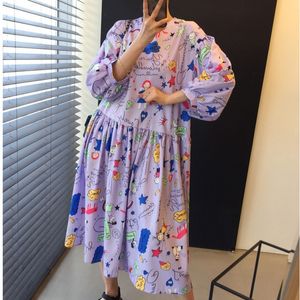 Korea Chic Rękaw Puff Luźne Dorywczo Damskie Robe Letnie Drukowane Trendy Odzież Vestido Sukienka Runway Purple 210510