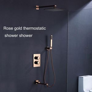 Set doccia per bagno Tutto il rubinetto termostatico in rame oro rosa Giunto incrociato Abito scuro che seppellisce un set da parete