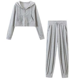 Spring Autumn Velour Women Outfits Zipper Cropped Hoodies and Joggers Casual Fitness 2 Piece Sets Female Sportswear 210604