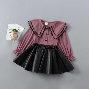 2-7年高品質の女の子服セット春秋ファッションソリッドシャツ+レザースカート子供子供210615