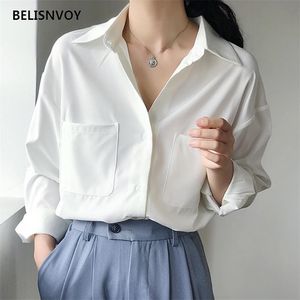 Vintage Bluz Kadınlar Bahar Güz Uzun Kollu Gömlek Kore Tarzı Gevşek Rahat Beyaz Şifon Zarif Kadın Basit OL Blusas Tops 210520