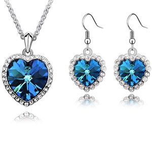 Crystal van Blue Crystal Heart Kettingen Hangers K Vergulde Drop Oorbellen voor Dames Sieraden Set T2