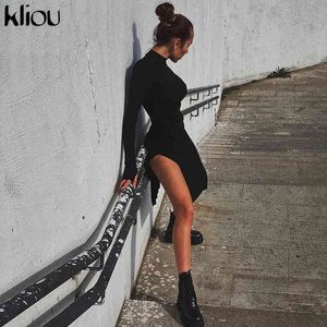 Kliou Side Spilt Maxi Dress Women Autumn Ribbed Knitted Concise Robe Female Bodycon Softy Vestido Elegant Lady High Street Skirt Y1204