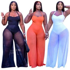 Kobiety Mesh See Chociaż Prosto Kombinezon Sexy Plus Size Size Neck Neck Bez rękawów Romper Ogólny Romper Outfit 5 Kolor 211116