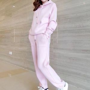 Winter Warm Knitted Hooded Jacket Women Fashion Harem Pants Two Piece Tracksuits Suit 210520