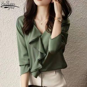 Ruffle V-neck Shirt Sommar Koreansk stil Långärmad Kvinnors Wild Satin Silk Chiffon Top Kvinna 13876 210427