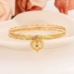 Gold Bangles 18 k Solid Fine Gold Finish Lines 3 Hoop Bundle Bangle Bracelet Women Jewelry Charm Hang Pendant Heart Q0720