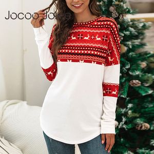 Natal impresso mulheres t-shirt manga longa o-pescoço retalhos feminino tops lady roupas férias casuais blusa festival outwear 210428