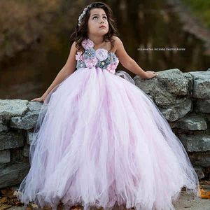 Abito da ragazza di fiori rosa e grigio Abito da tutu da sposa Abito in tulle Abiti da sposa per ragazze Robe Demoiselle Rose Abbigliamento per ragazze per bambini Abito Q0716