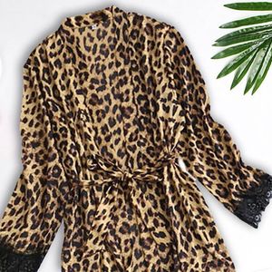 Women's Sleepwear Satin Silk Robe Gown Pajamas Women Nightdress Leopard Lingerie Robes Underwear Sexy Night Dress Bathrobe Female