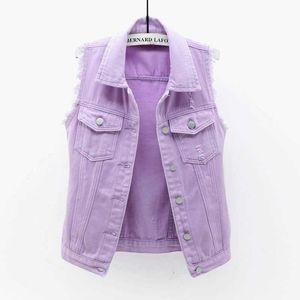 ファッション紫色の短いデニムベスト女性の秋のカジュアルな単一の胸のジーンズウィストコートプラスサイズスリムノースリーブジャケット211008