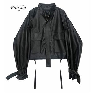 Fitaylor Autumn Women Faux Soft Pu Motorcycle Leather Jacket Casual Loose Black Faux Leather Punk Zipper Overcoat 210909