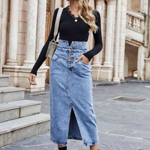 High Paist Button Damskie Dżinsowe Spódnica Długi 2021 New Arrivals Solid Color Split Casual Jean Spódnice Dla Panie # X0428