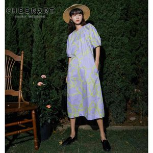 Pamuk Mor Düz Uzun Midi Elbise Yaz Puf Kol Tasarımcısı Kadınlar Kısa Estetik Korece 210427