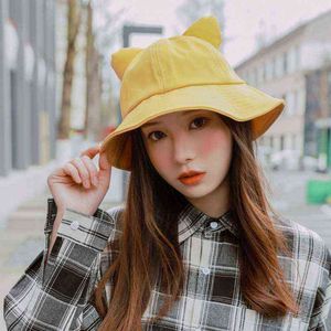 Cute Cat Ears Bucket Hats Fashion Sweet Ruffled Fishermen Hat Cappellini tinta unita per donne e ragazze Migliori regali Y220301