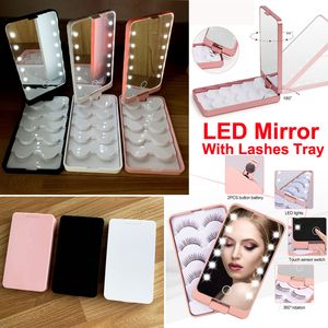 Bärbar dam ledd ljus makeup spegel med falska ögonfransar fackförvaringslåda vikning pekskärm speglar 5 par lashes case arrangör 12 lysdioder resor make up verktyg