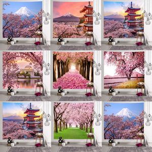 マンダラインディアンタペストリーの壁掛けロマンチックな桜の花の霧の山のボヘミアンヨガマットホームベッドルームアートカーペット210609