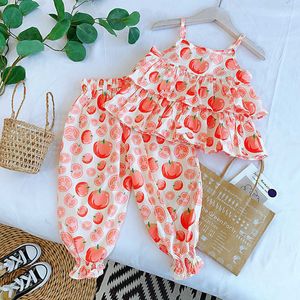 Девушки Летние оборманы Хлопковые топы и брюки набор для детей Прекрасный Tamato Print Ins Shoots одежда 210529