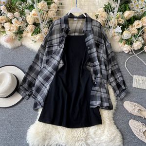 Spring Summer Causal Women Two Piece Set Vintage Long Sleeve Gray Plaid Coat and Sexy Spaghetti Strap Black Mini Dress 210423