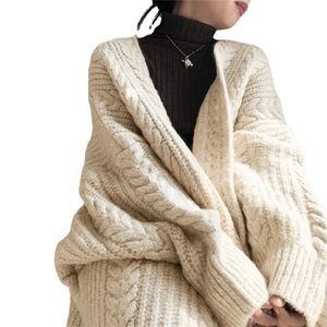 Lång tjock stickad tröja kvinnor höst vinter cardigans lösa fickor kappa stickad jacka cardigan elegant maxi toppar streetwear