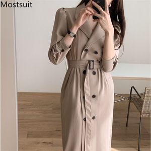 Douoble-breasted Korean Belted Suit Dress Women Autumn Notched Collar Long Sleeve Ol Style Elegant Ladies Dresses Vestidos 210518