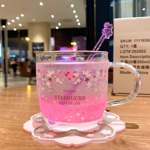Najnowsze 12oz Starbucks szklany kubek do kawy, romantyczny kwiat wiśni w stylu zmieniającym kolor wód, oddzielne opakowanie pudełko, obsługa dostosowywania logo