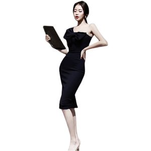 Czarny One Ramię Sukienka Kawałek Koreański Panie Sexy Bez Rękawów Cabaret Cabaret Party Club Midi Tight Sukienki dla kobiet 210602