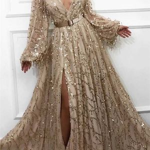 Sexy Slit Gold Evening Dresses Latest Fashion Sequins Lace Dubai Saudi Arabic Prom Gowns Long Sleeves Formal Party Dress 211101