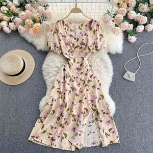 Women's Summer Fashion Square Neck Short Sleeve Thin Fork Flower Print A-line Dress Korean Clothes Vestidos S222 210527
