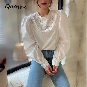 Qooth Women Tops White O-Neck Puff Long Sleeve Shirt Wear Office Blusas Femininas harajuku Blouse Hollow Out Shirt QT498 210518