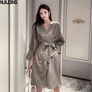 Jesień Moda Wysokiej Jakości Office Lady Slim Solid Color V-Neck Lace Up Long Blazer Split Sexy Kobiety Dress Sleeve 210514