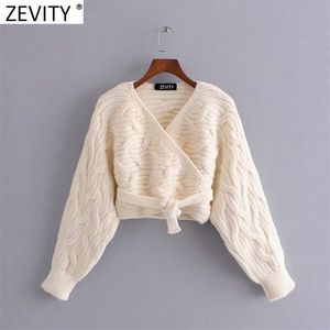 Mulheres Vintage Cruz Vestido V Pescoço Crochet Curto Tricô Sweater Femme Chique Hem Bow amarrado Casual Cardigans Tops S685 210416