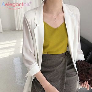 Aelegantmis Verão Chiffon Branco Blazer Jaquetas Mulheres Terno Fino Casaco Tops Feminino Casual Cardigans Sunscreen Roupas Outono 210607