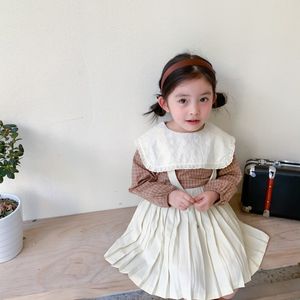 Le ragazze di moda in stile coreano vestono la camicia a quadri con colletto rovesciato in pizzo e la gonna a pieghe 2 pezzi set Abiti primaverili 210508