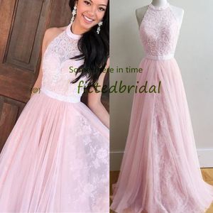 Moda halter rosa vestidos de baile jovens meninas elegantes lace sem mangas robe de soirée mariage