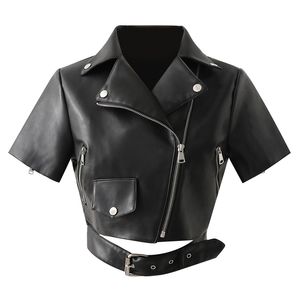 Elegant women black PU leather-clad cool lady pocket short jackets streetwear female zipper suits moto girls chic jacket 210427