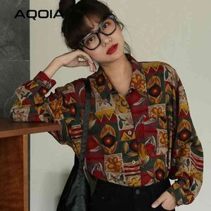 Spring Streetwear Button Up Women Blouse Shirt Flowers Plaid Långärmad Move Oversize Ladies T Shirts Slå ned krage kläder 210521