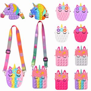 Cute Unicorn Simple Dimple Messenger Bag Party Favor Fidget Toys Push Bubble Anti stress Children s Toy Pop Keychain Wallet FY2915