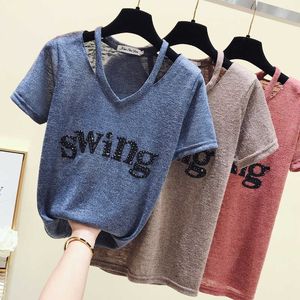 Summer V Neck Tshirt Women T Shirt Korean Style Letter Diamonds Women Top Short Sleeve Basic Ropa Mujer Chic Clothes 210604