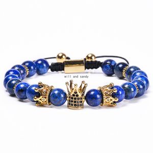 Copper Micro-Inlaided Zircon Diamond Crown Armband Natural Stone Lapis Lazuli Pärlor Strand Armband Armband flätade kvinnor Män modesmycken Will och Sandy