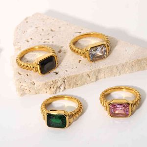 Luxury style PVD gold Stainls steel rectangular big gemstone emerald pink quartz zircon ring croissant twist spiral ring