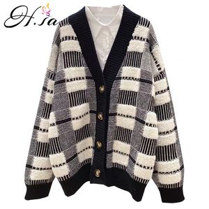 H.Sa Damskie Swetry Winter Spring Plaid Plaid V-Neck Cardigans Button Sweter Puff Sweter Topy 210417