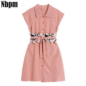 Fashion Women Dress Elegant Polo Neck Short Sleeve Sashes Red Plaid Sundress Cotton Summer Two-Piece Dress Streetwear Chic 210529