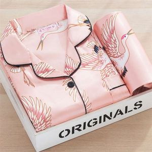 Summer Silk Satin Pajamas Set Woman Printed Long Sleeve Sleepwear Pijamas Suit Female Sleep Two Piece Loungewear Plus Size 210928